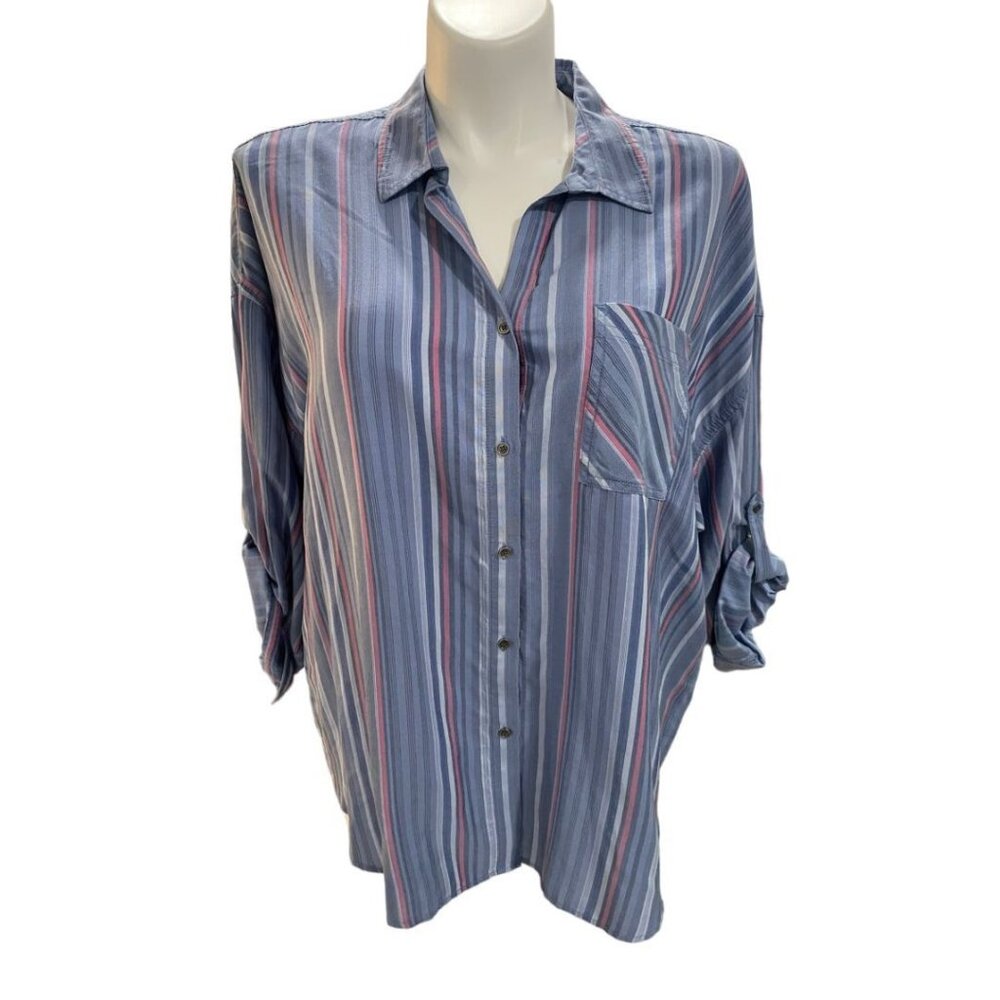 3X Westbound Woman Stripe Button Down Roll-Tab Sleeve Shirt Blouse Top Size